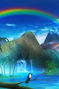 Preview wallpaper toucan, waterfall, rainbow, art