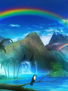 Preview wallpaper toucan, waterfall, rainbow, art