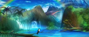 Preview wallpaper toucan, waterfall, rainbow, art