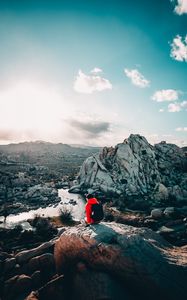 Preview wallpaper tourist, girl, travel, stones, rocks