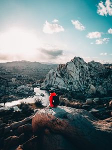 Preview wallpaper tourist, girl, travel, stones, rocks