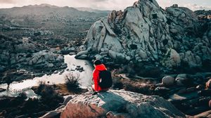 Preview wallpaper tourist, girl, travel, stones, rocks