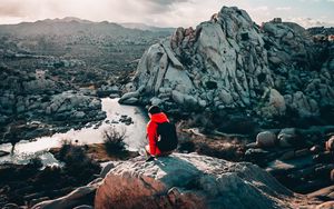 Preview wallpaper tourist, girl, travel, stones, rocks