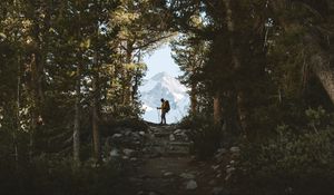 Preview wallpaper tourist, silhouette, forest, trees, mountain, nature