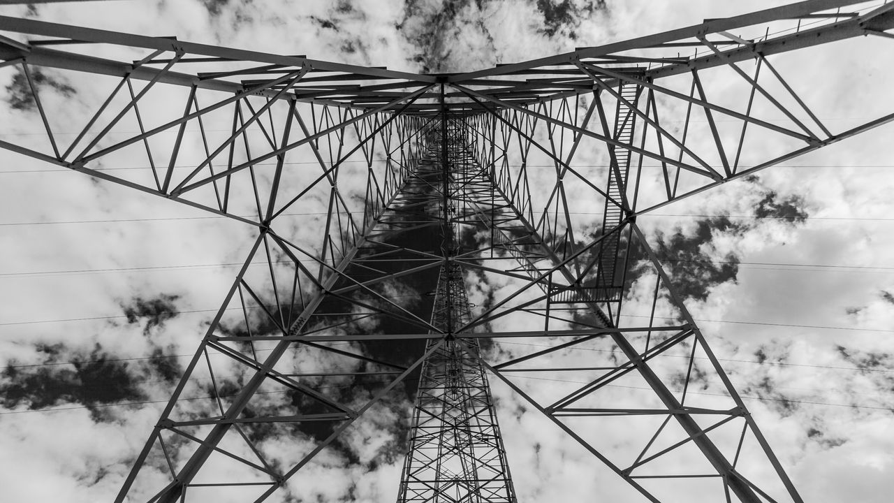 Wallpaper tower, antenna, clouds, sky, bw