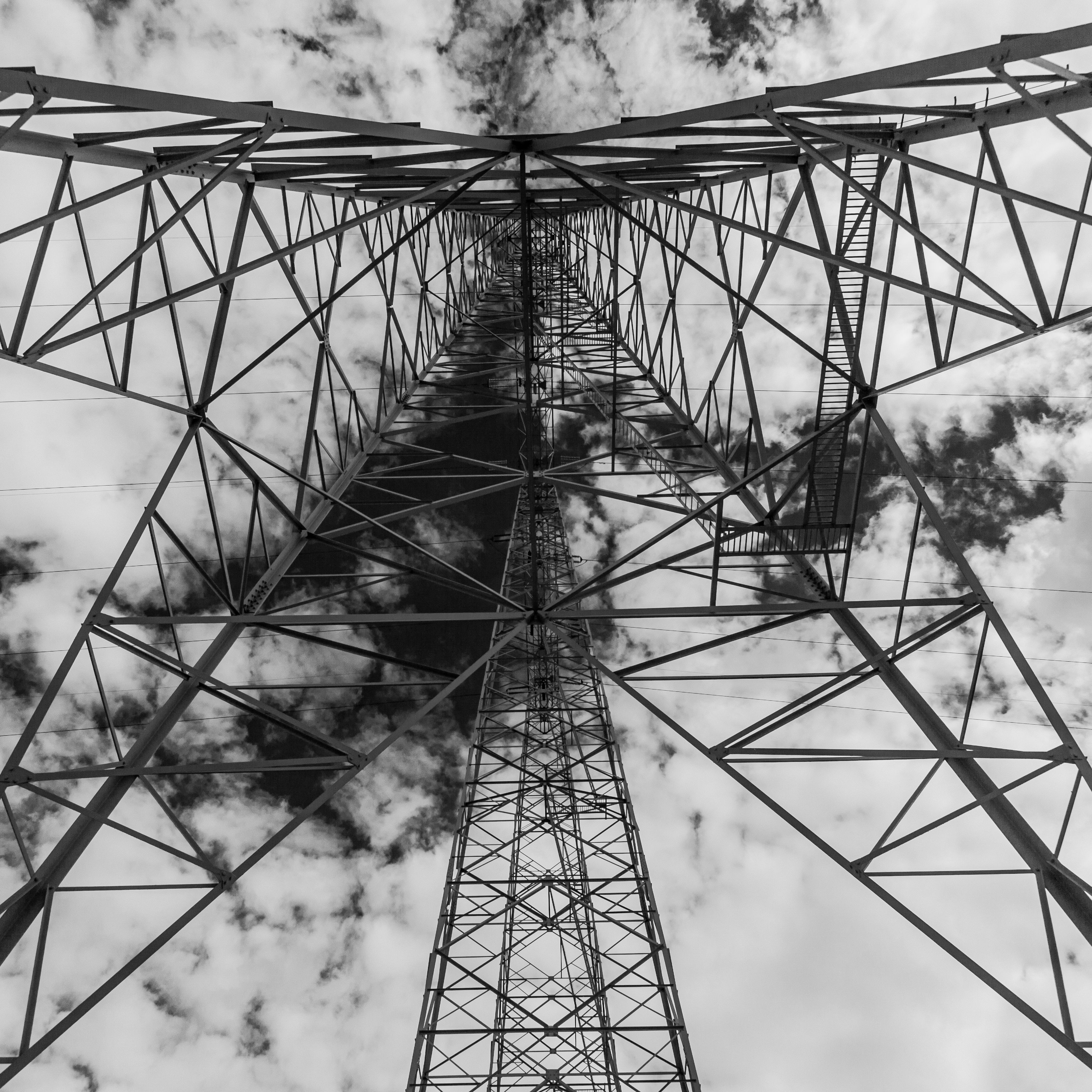 3415x3415 Wallpaper tower, antenna, clouds, sky, bw