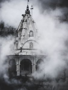 Preview wallpaper tower, arch, building, architecture, fog