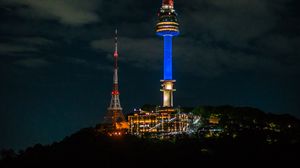 Preview wallpaper tower, architecture, backlight, night, building