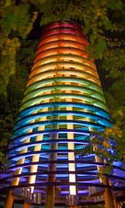 Preview wallpaper tower, architecture, backlight, colorful, bottom view