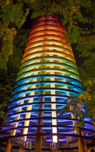 Preview wallpaper tower, architecture, backlight, colorful, bottom view