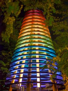 Preview wallpaper tower, architecture, backlight, colorful, bottom view