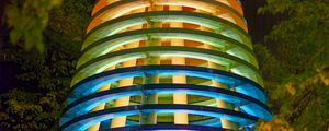 Preview wallpaper tower, architecture, backlight, colorful, bottom view