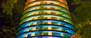 Preview wallpaper tower, architecture, backlight, colorful, bottom view