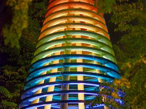 Preview wallpaper tower, architecture, backlight, colorful, bottom view