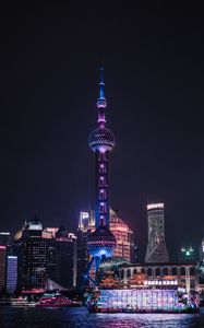 Preview wallpaper tower, architecture, buildings, night city, shanghai, china