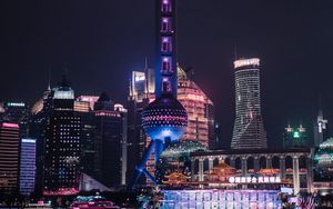 Preview wallpaper tower, architecture, buildings, night city, shanghai, china
