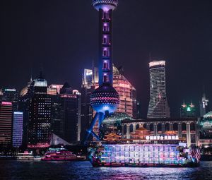 Preview wallpaper tower, architecture, buildings, night city, shanghai, china