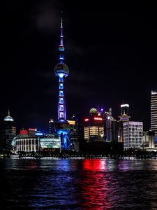 Preview wallpaper tower, architecture, buildings, night, water