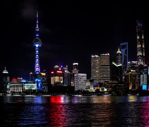 Preview wallpaper tower, architecture, buildings, night, water