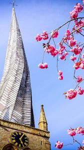 Preview wallpaper tower, architecture, flowers, sakura