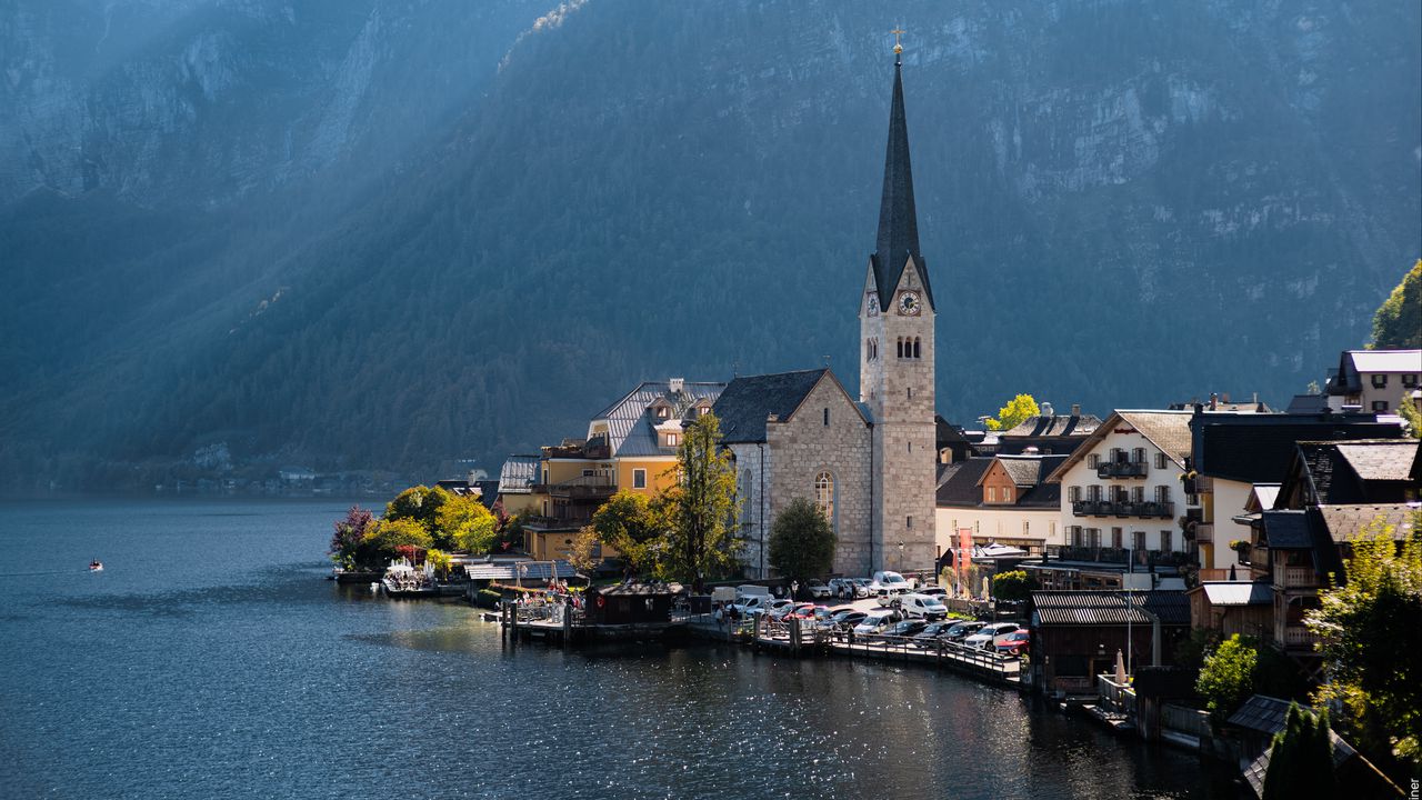Wallpaper tower, architecture, mountains, lake, landscape