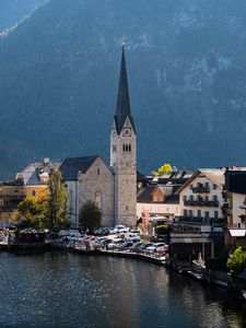Preview wallpaper tower, architecture, mountains, lake, landscape