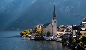 Preview wallpaper tower, architecture, mountains, lake, landscape