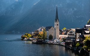 Preview wallpaper tower, architecture, mountains, lake, landscape