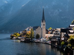 Preview wallpaper tower, architecture, mountains, lake, landscape