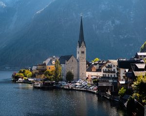 Preview wallpaper tower, architecture, mountains, lake, landscape