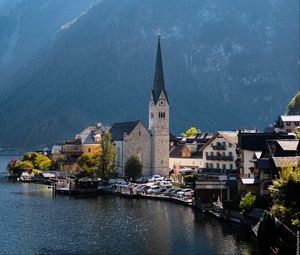 Preview wallpaper tower, architecture, mountains, lake, landscape