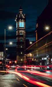 Preview wallpaper tower, architecture, road, light, long exposure, dark