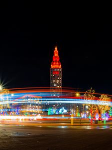 Preview wallpaper tower, architecture, road, light, long exposure, bright, dark