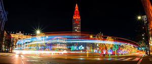 Preview wallpaper tower, architecture, road, light, long exposure, bright, dark