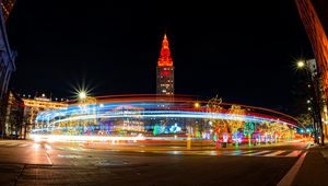 Preview wallpaper tower, architecture, road, light, long exposure, bright, dark