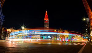 Preview wallpaper tower, architecture, road, light, long exposure, bright, dark