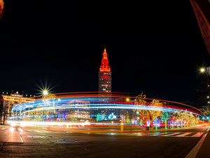 Preview wallpaper tower, architecture, road, light, long exposure, bright, dark