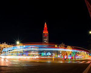 Preview wallpaper tower, architecture, road, light, long exposure, bright, dark