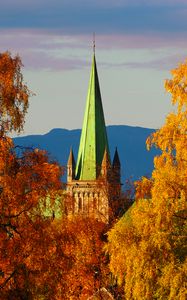 Preview wallpaper tower, architecture, trees, autumn, yellow, aerial view