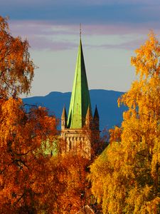 Preview wallpaper tower, architecture, trees, autumn, yellow, aerial view