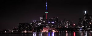 Preview wallpaper tower, backlight, buildings, lights, river, night, city