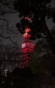 Preview wallpaper tower, backlight, night, branches, tokyo, japan