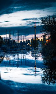 Preview wallpaper tower, boats, water, reflection, twilight