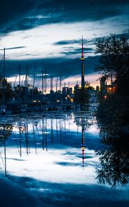 Preview wallpaper tower, boats, water, reflection, twilight