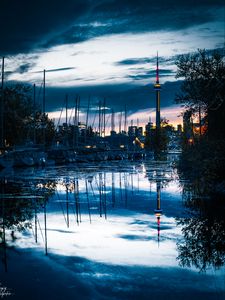 Preview wallpaper tower, boats, water, reflection, twilight