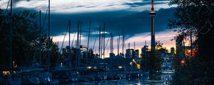 Preview wallpaper tower, boats, water, reflection, twilight