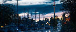 Preview wallpaper tower, boats, water, reflection, twilight