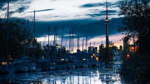 Preview wallpaper tower, boats, water, reflection, twilight