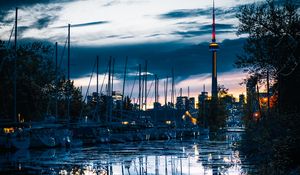 Preview wallpaper tower, boats, water, reflection, twilight