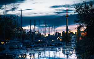 Preview wallpaper tower, boats, water, reflection, twilight